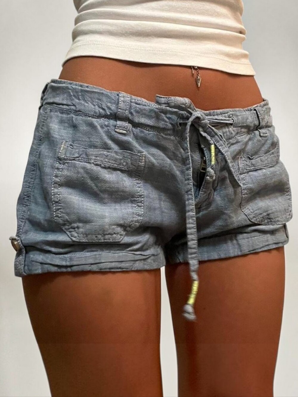 Hollister Women's Blue Chambray Cotton Drawstring Shorts Logo Back Size 3